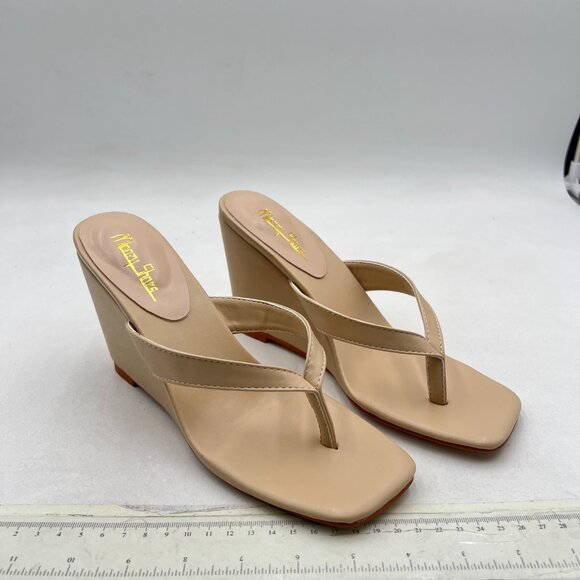 Milooey shoes Beige Round Toe Flip Flops Wedge High Heels Slip On Thong Sandals - Picture 3 of 7